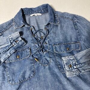 Jane & Delancey Blue Chambray Lace Up Roll Tab Sleeve Pockets Women's Size Small